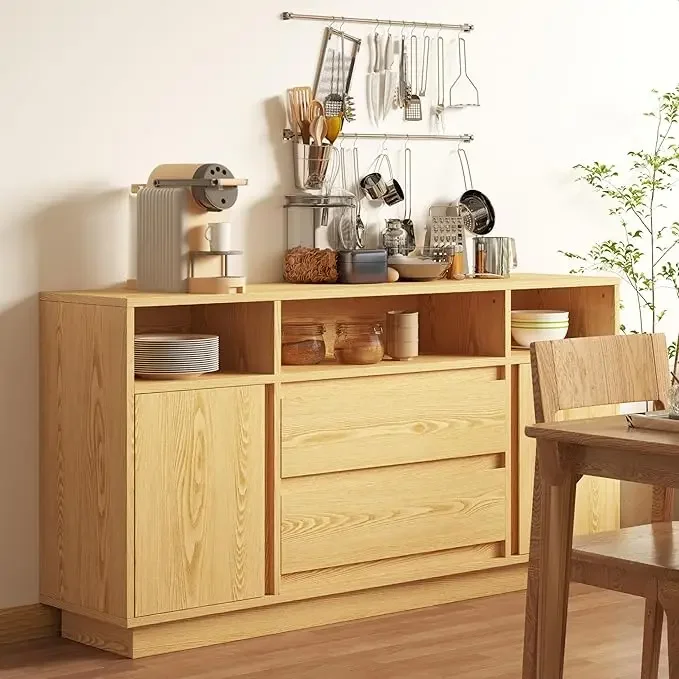 Large Kitchen Cabinet with 2 Doors and 2 Drawers, Modern Wooden Cabinet with Storage, Tall Coffee Bar Table Stable