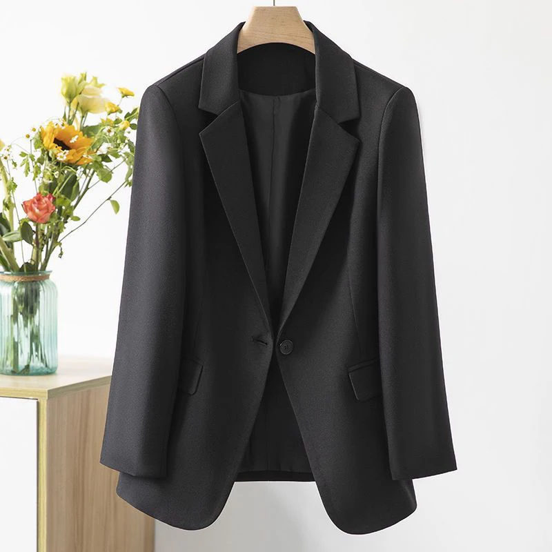 คลาสสิกสีทึบปุ่มเดียว Blazer สําหรับผู้หญิงฤดูใบไม้ผลิฤดูใบไม้ร่วงเปิดลงปกชุดสูทแจ็คเก็ตผู้หญิง Slim เสื้อแขนยาว