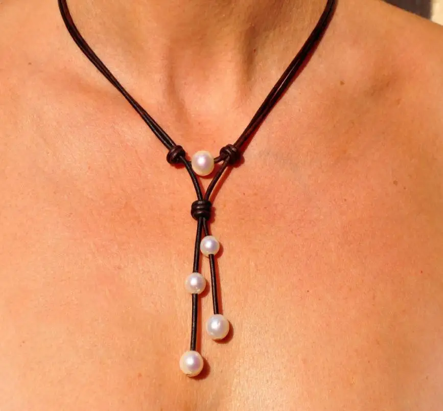 Tahitian Pearl Knotted Drop Necklace with Blonde Baroque Tahitian Pearls on Leather, Handmade Pearl and Leather necklace
