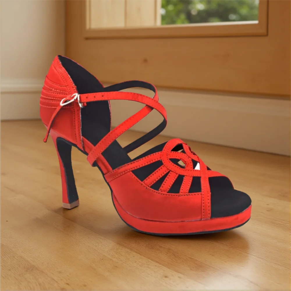 Evkoodance Red Latin Dance Shoes Professional 1.5cm flatform 10cm High Heel Satin Salsa Ballroom Dance Shoes DIY Women Evkoo-518