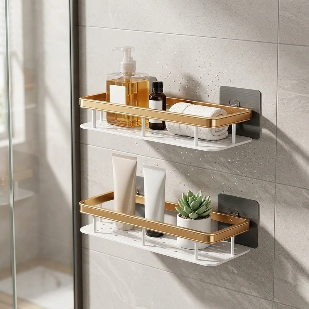 2-Piece Golden Bathroom Shelf Rack No Drill Self-Sticking Mount for High Humidity 38x15x6cm Carbon Steel Frame