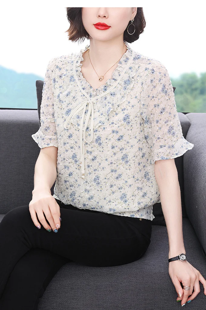Floral 7-quarter Sleeves All-match Loose Chiffon Shirt for Women with Floral