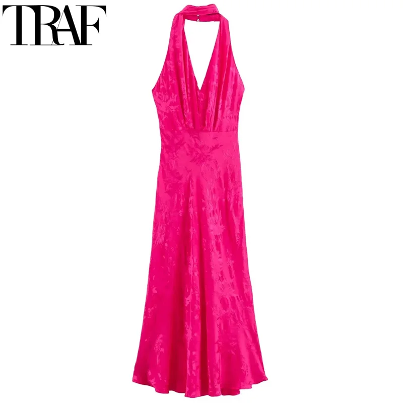 TRAF-vestido Midi de Jacquard con cuello Halter, vestidos largos plisados con hombros descubiertos, vestidos elegantes atados con espalda descubierta para mujer, vestidos de fiesta de satén