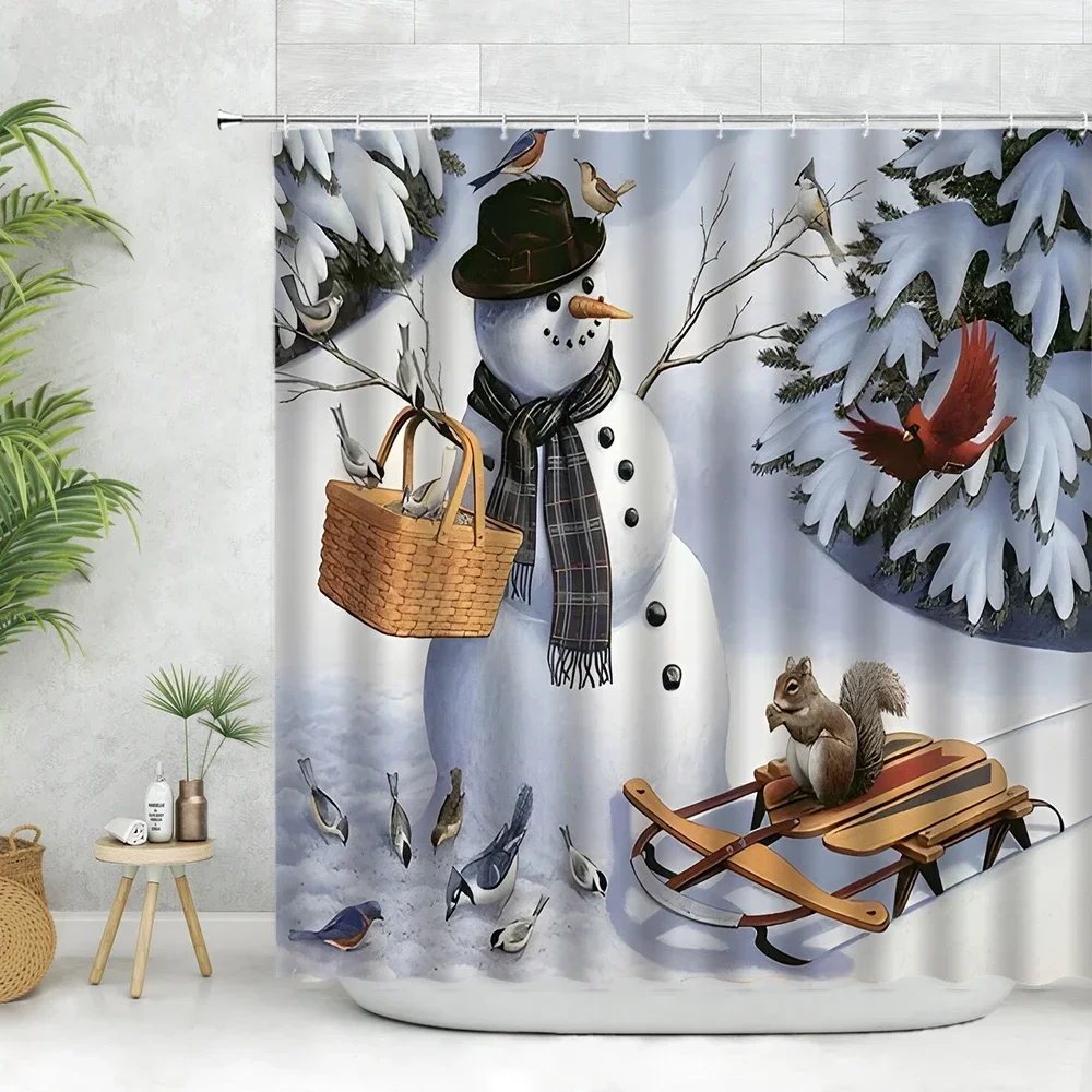 Christmas Shower Curtain Set Snow Scene Snowmen Skiing Pine Tree Snowflakes Bathroom Curtain Xmas Decor Fabric Cloth