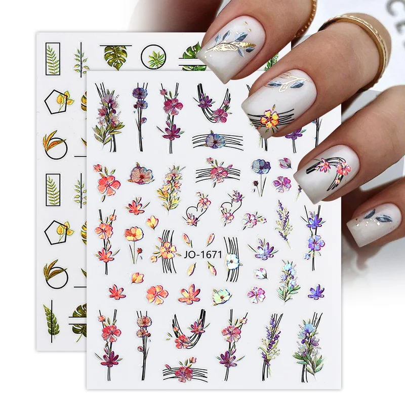 Green Leaf 3D Nail Sticker  Gold Silver Flowers Adhesive Sticker Nail Art Decorations Water Sliders