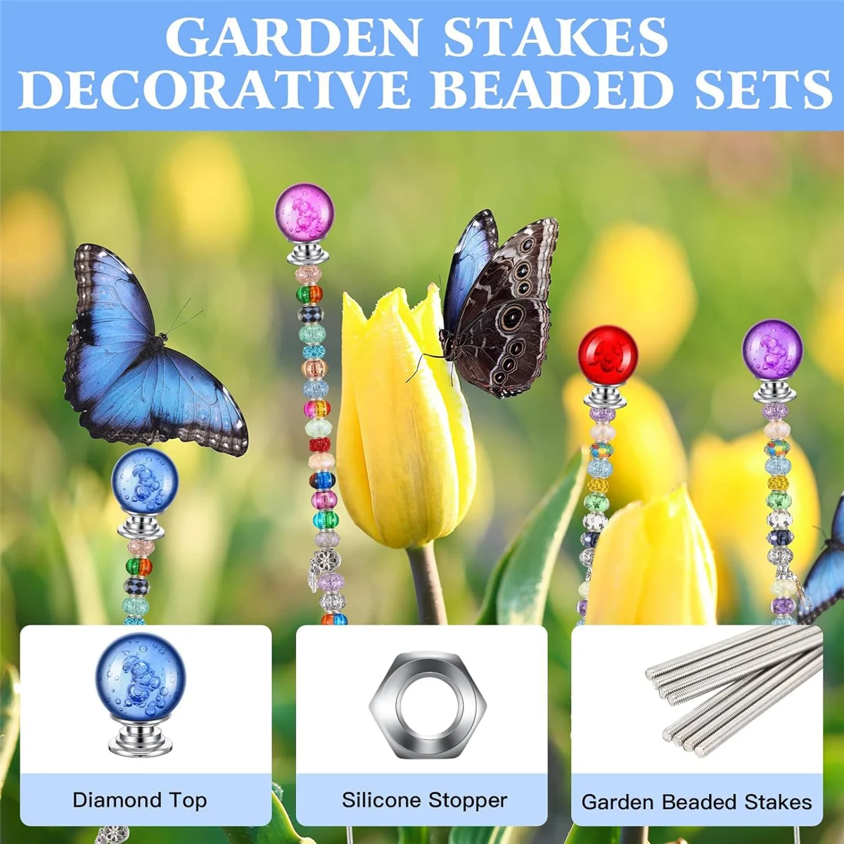 DIY Garden Beaded Stakes Wands Kit Include 8 Pcs 8/32 Inch 12 Inch Threaded Rods, 8 Pcs Hex Nuts and 8 Diamond Stopper