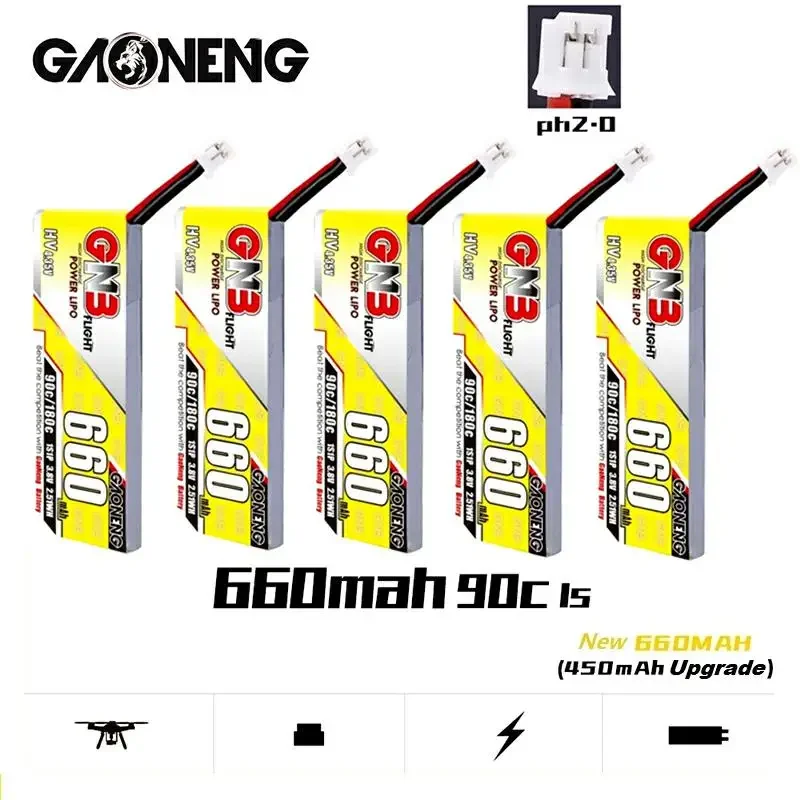 

5PCS Gaoneng GNB 1S 660mAh 3.8V 90C HV Light Weight Lipo Battery PH2.0 Plug For Emax Tinyhawk Kingkong LDARC FPV Drone