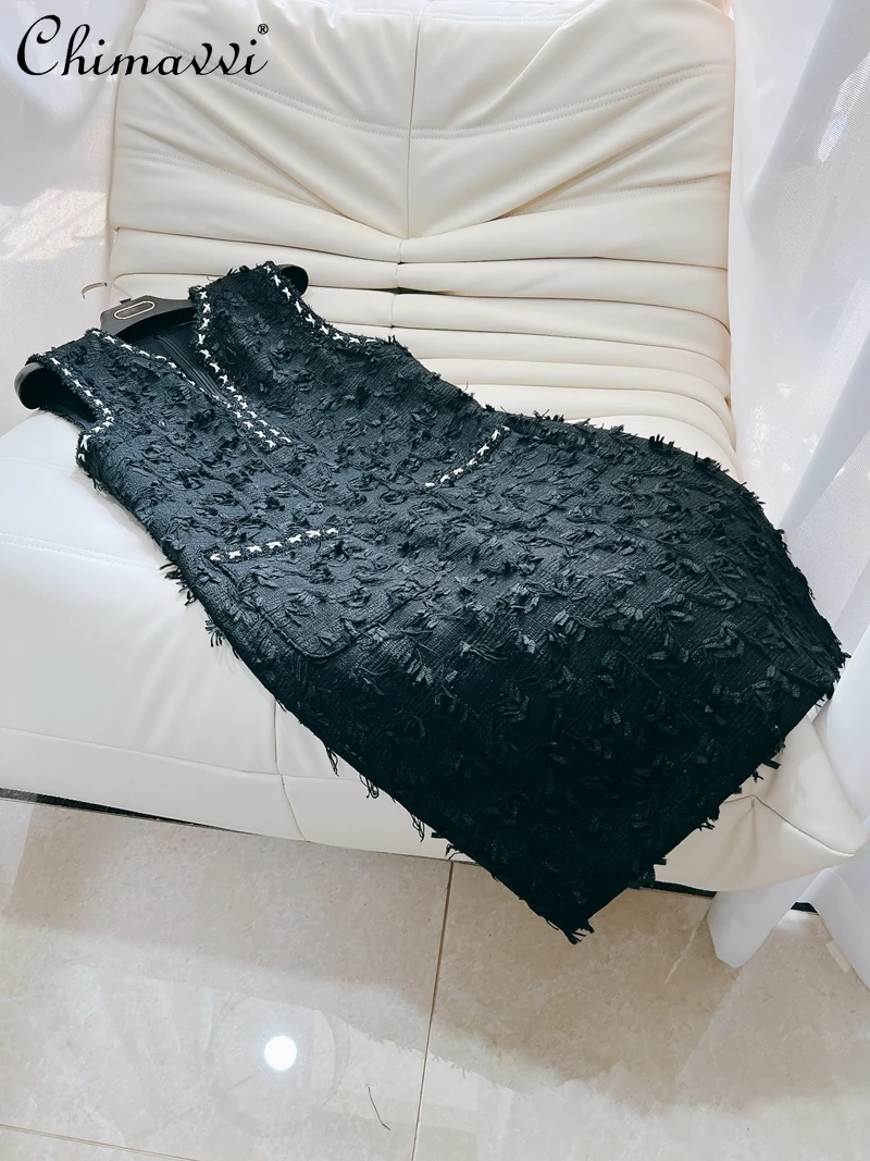 

French Style Socialite Style 3D Floral Tweed Black Dress 2024 Spring and Summer New Fashion High-End Loose Vest A- Line Dresses