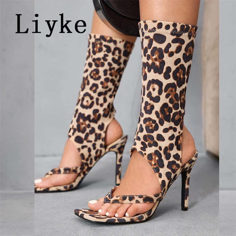 Liyke مثير ليوبارد طباعة المفتوحة تو كليب على الجوف خارج حذاء من الجلد النساء الجوارب الحديثة رقيقة عالية الكعب مضخات الحفلات حجم 42