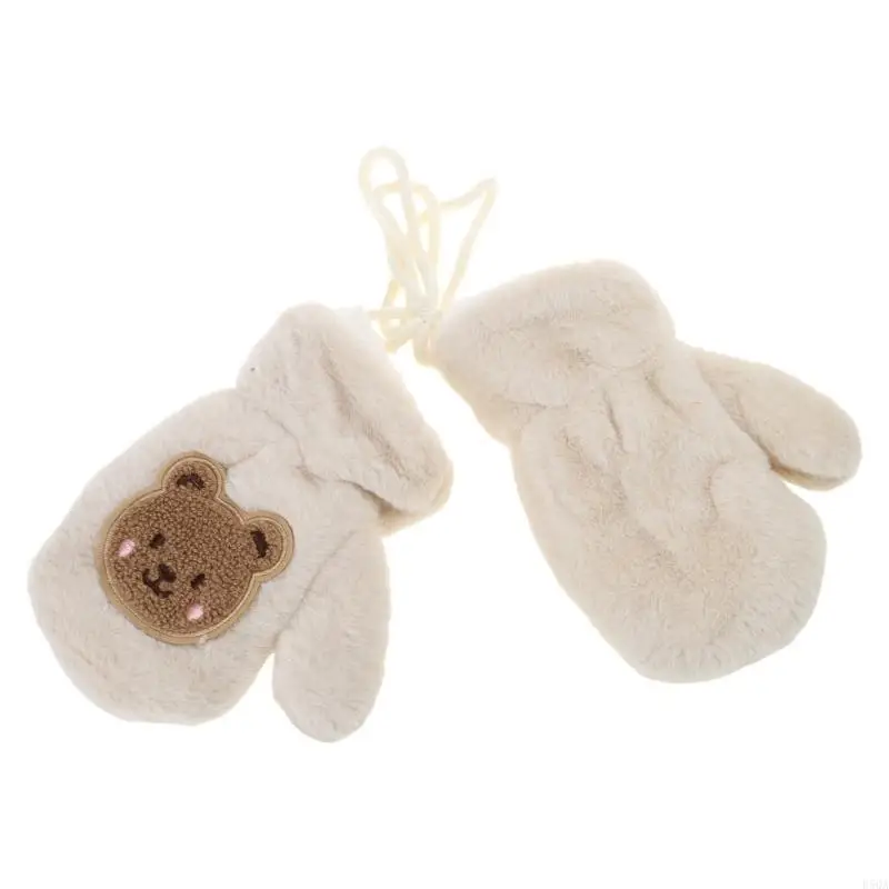 

D5QA 1 Pair Kids Cartoon Winter Mittens with String Hand Warmer Toddlers Thicken Plush Warm Full Finger Gloves for Newborn Baby