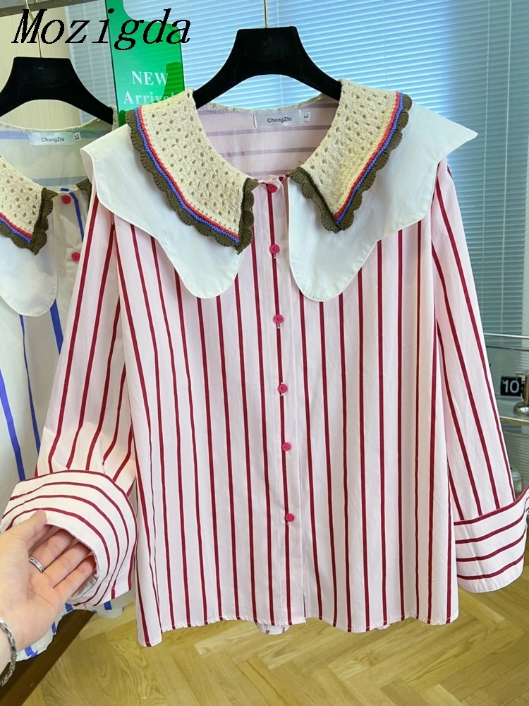 

Autumn Striped Shirt Blouse Women Korean Sweetly Aged Heavy Industry Embroidered Cherry Contrast Doll Neck Loose Ladies Tops
