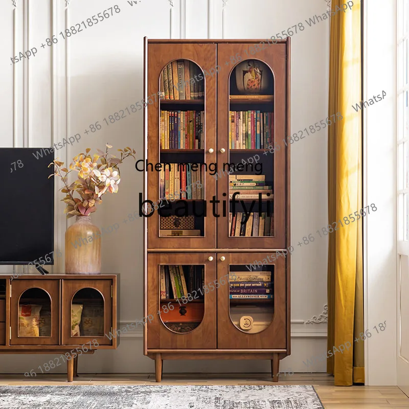 

X Light Luxury Solid Wood Bookcase Combination Small Apartment Living Room Storage Display Wine Cabinet Vintage Sideboard