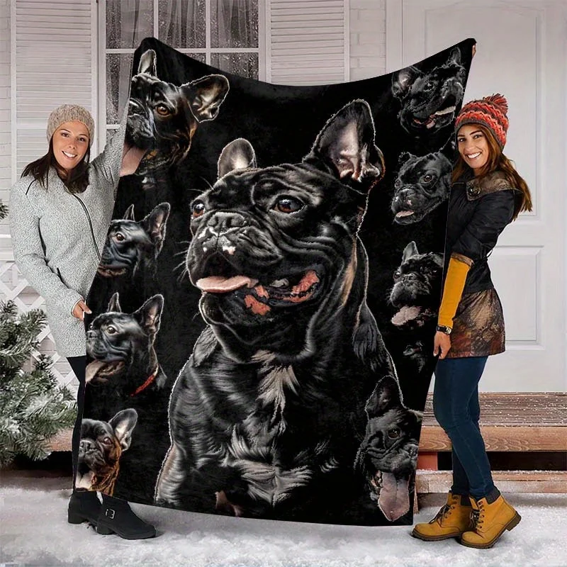 French Bulldog Fleece Blanket Black Puppy Print Throw Soft Warm All Season Bedding Home Decor Gift for Dog Lovers