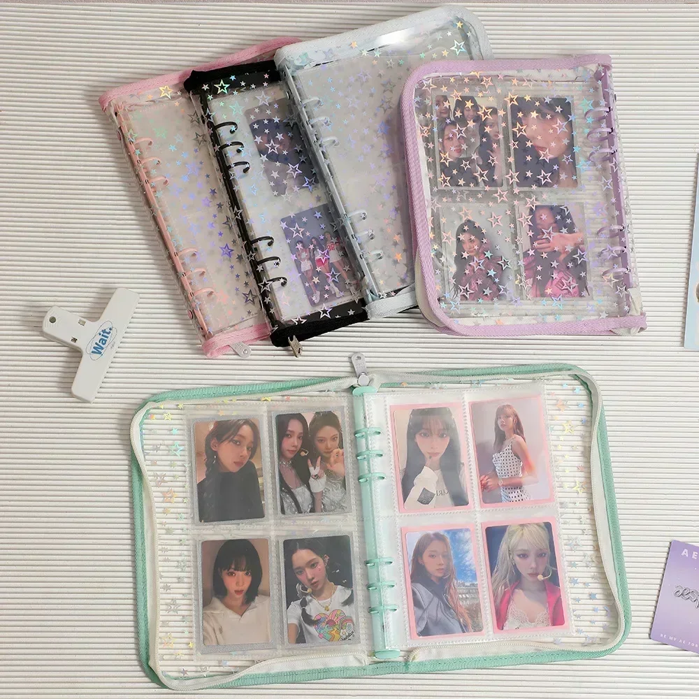 Laser Star A5 Zipper Binder Collect Book Refill Organizer DIY Journal Dairy Transparent Kpop Idol Photo Album Kawaii Stationery