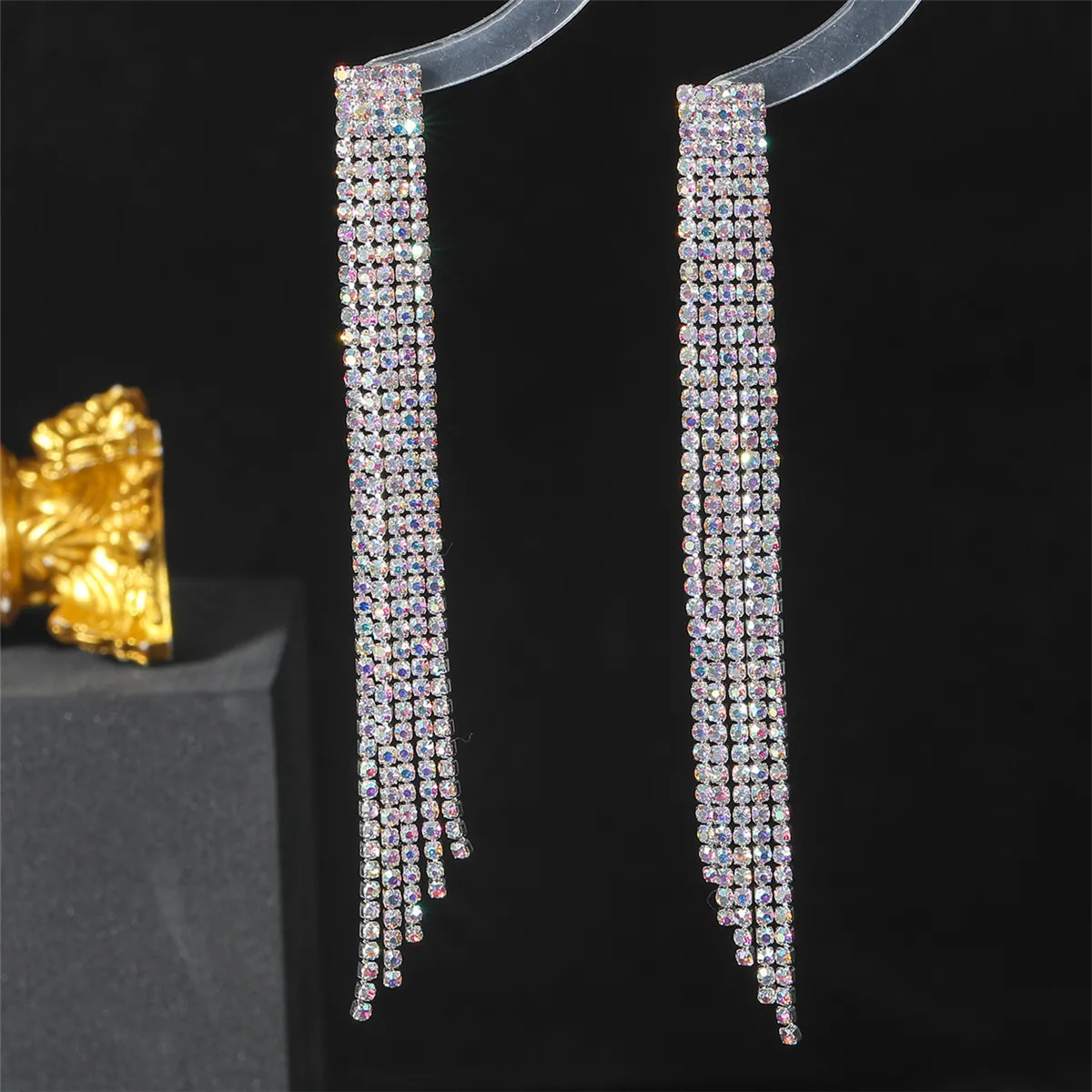 FYUAN Long Tassel Rhinestone Drop Earrings for Women AB Colourful Gold Silver Color Crystal Dangle Earring Party Wedding Jewelry