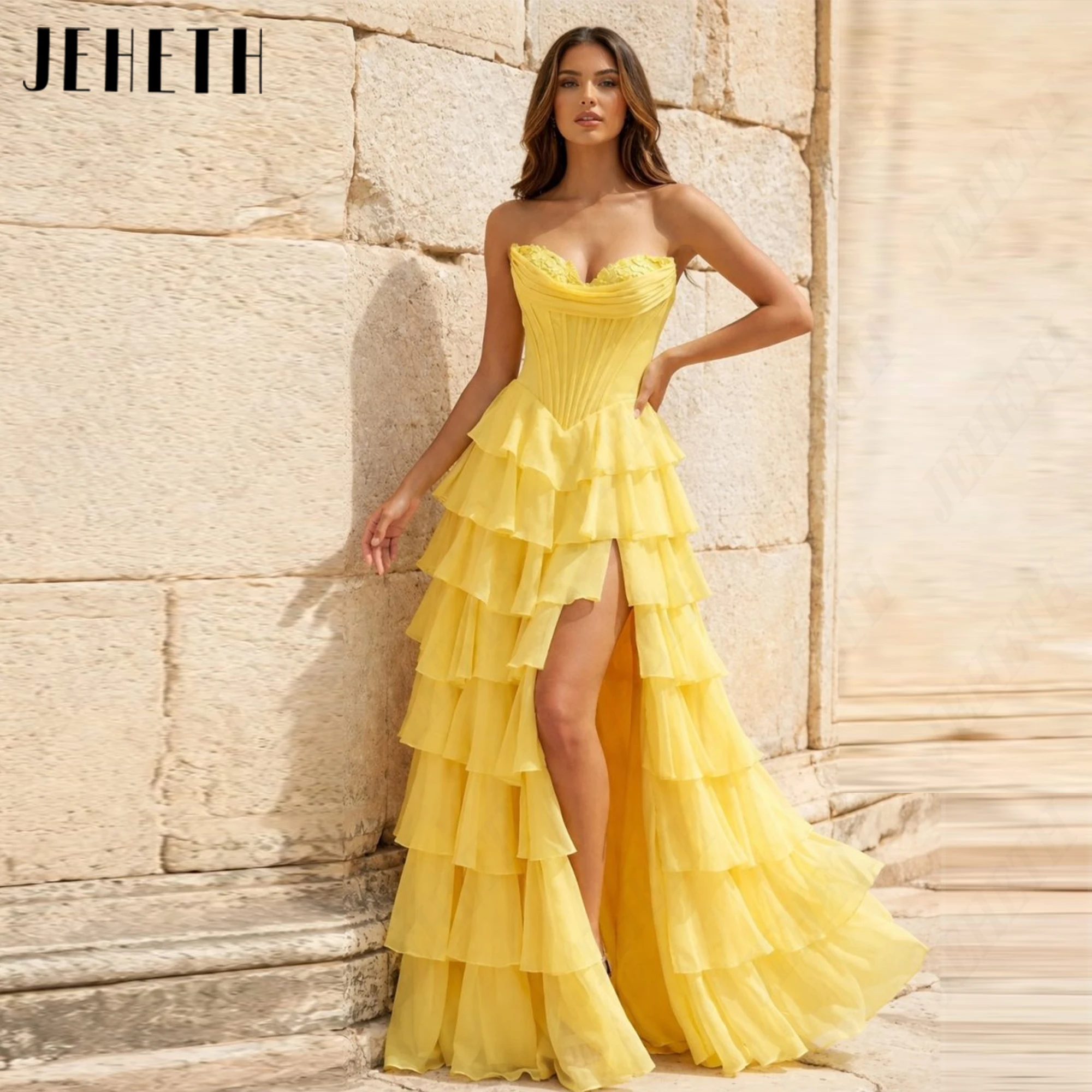 Vestido de baile JEHETH de gasa por capas con escote sweetheart, modelo mujer sexy sin mangas 2026 personalizable, vestido A con abertura lateral largo hasta el suelo para fiestas y eventos de alfombra roja