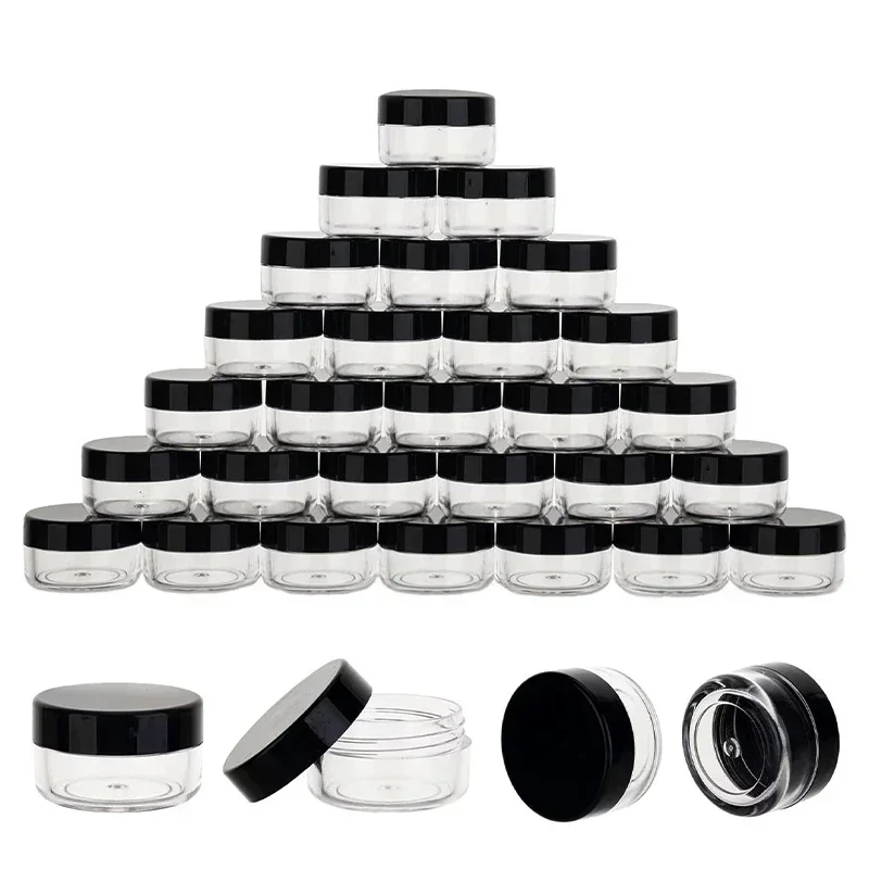 

50Pcs 5g Refillable Mini Jars Lip Bead Lotion Cream with Labels Spatulas Pink Black Lid Cosmetic Plastic Empty Sample Containers