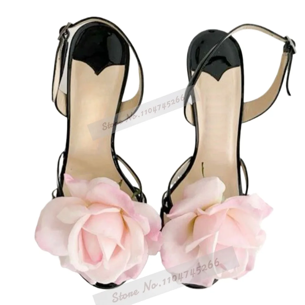 Сладкие розовые босоножки на высоком каблуке с цветком розы, черные модельные туфли из атласной ткани с пряжкой и ремешком, элегантные банкетные туфли-лодочки