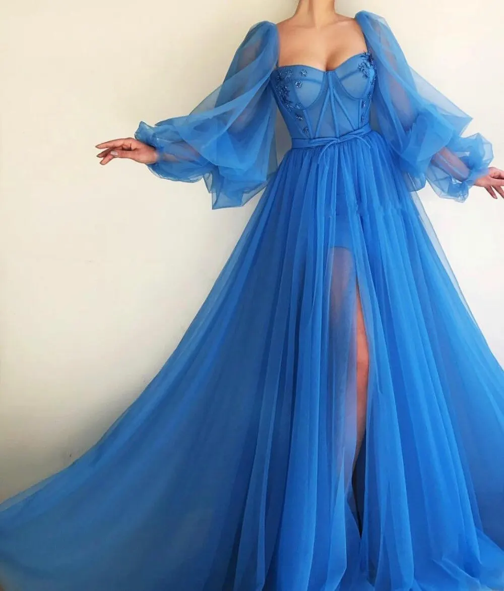 

CloverBridal Tulle Exposed Boning Fairy High Slit Prom Evening Dress Long Puffy Lattern Sleeves فساتين للحفلات الراقصة WP9710