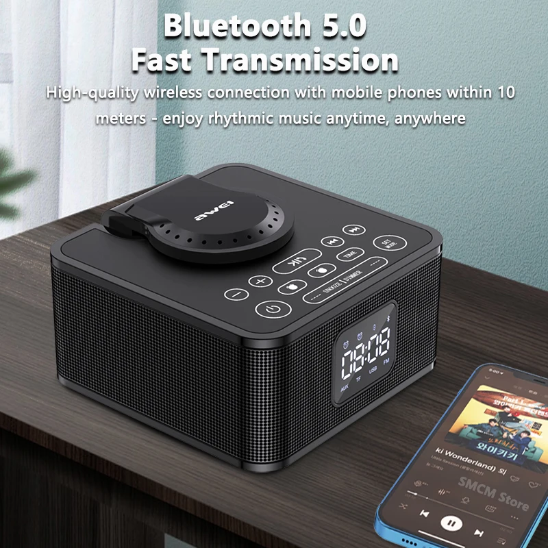 Portable Mobile Phone Wireless Charger Bluetooth Speaker FM Radio Column Dual Trumpet TF Card U Disk Boombox LED Clock Display