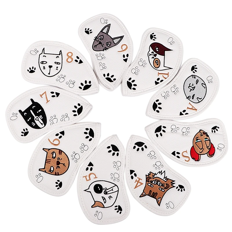 Golf Iron Club Cap Covers, Cartoon, Exquisite Embroidery, Digital PU Waterproof, Cover for Golf Irons, Clover, Skull, 10Pcs, 203