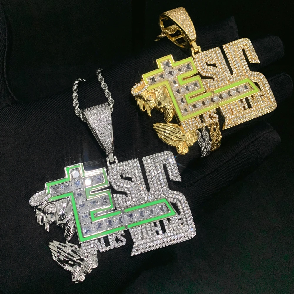 Grow In Dark Green Enamel Jesus Walks With Me Pendant Necklaces Iced Out Bling Cubic Zirconia Oil-Drip Charms Hip Hop Jewelry