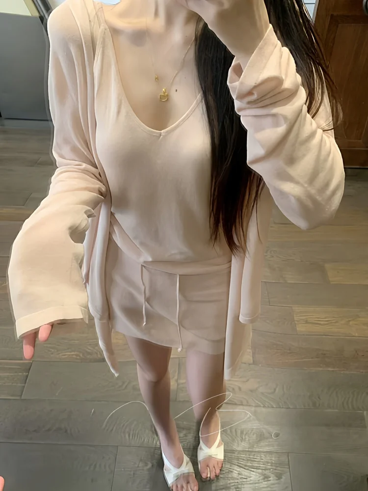 

Льняной комплект из лиоцелла: розовый летний кардиган, топ на бретельках, юбка-халтер, солнцезащитный, охлаждающий, модный женский комплект из трех предметов