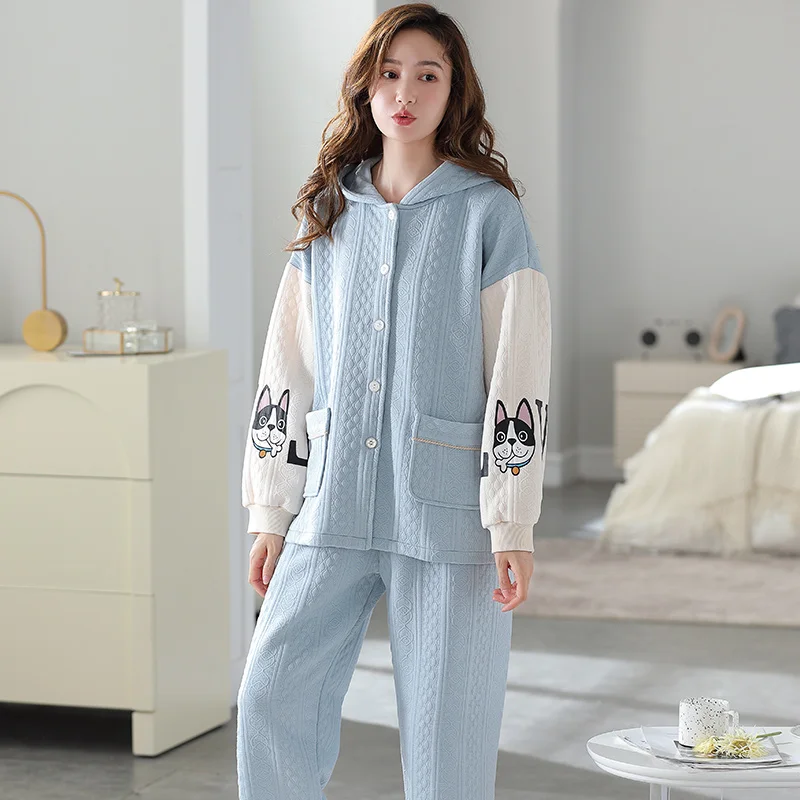 

Animal Dogs Winter Women Pyjamas 3-Layers Cotton Quilted Pajama Set Lovely Thick Warm Winter Pijama Female Nightgown Sleepwear