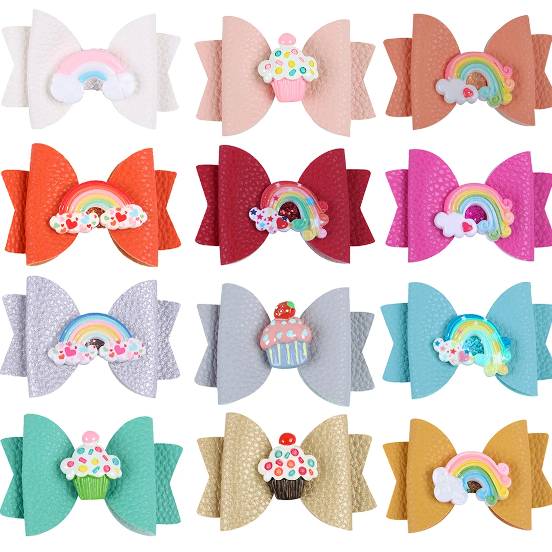 1PC PU Leather Hair Bows with Clips 3inch Bows Rainbow Hair Clips Girls Barrettes Children Kids Hairpins Party Hair Accessories