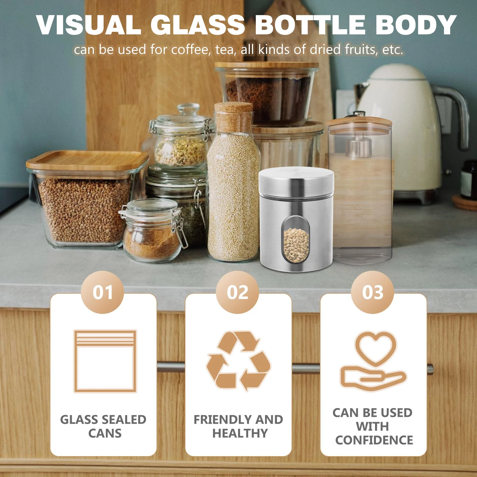 

1Pcs Airtight Storage Can Food Grade Glass Stainless Steel Container Kitchen Seasoning Dried Food Coffee Organizer