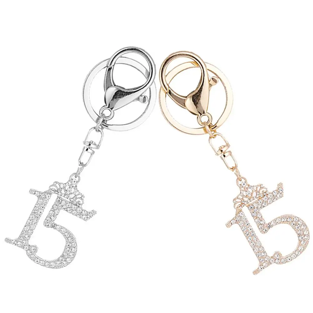 2 Pcs Metal Rhinestone Crown Number 15 Keychain Women Elegant Gold Silver Alloy Lightweight Portable Key Ring Bag Pendant