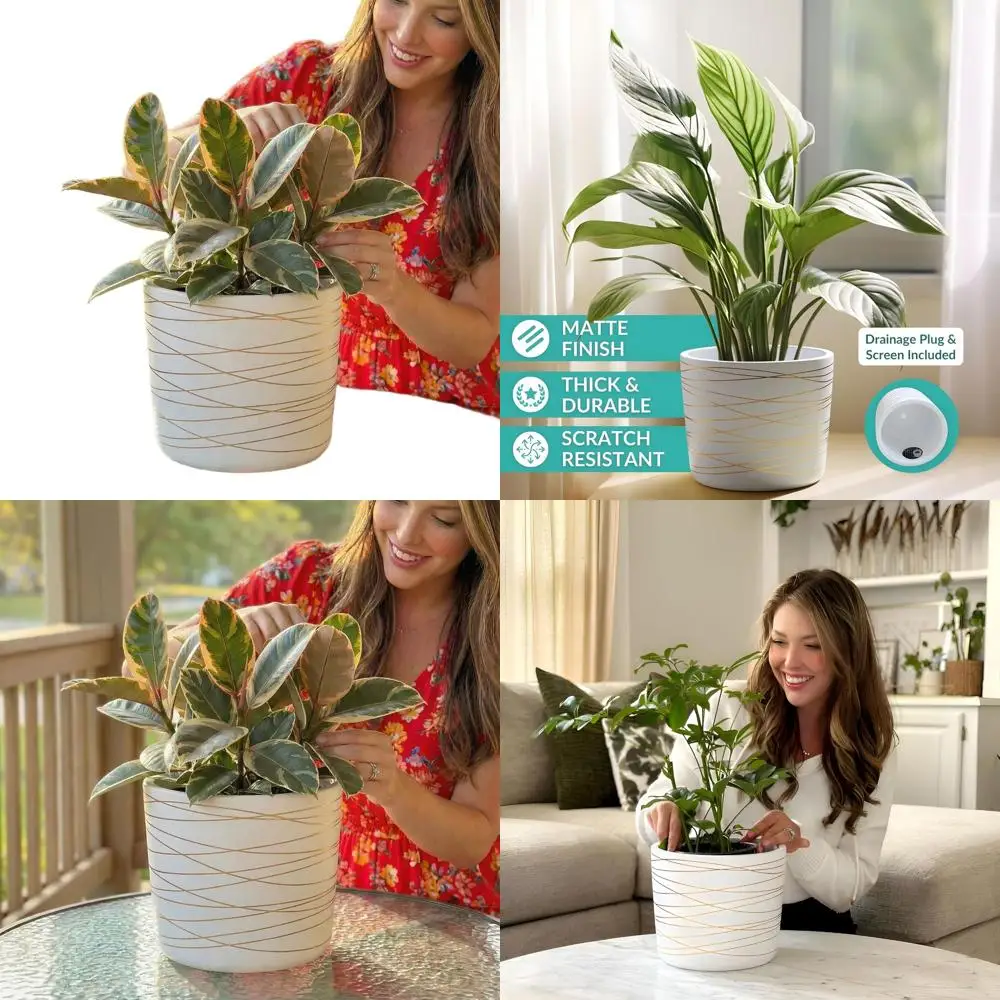 

9 Ceramic Plant Pot in Matte White with Gold Stripes - Includes Drainage Hole