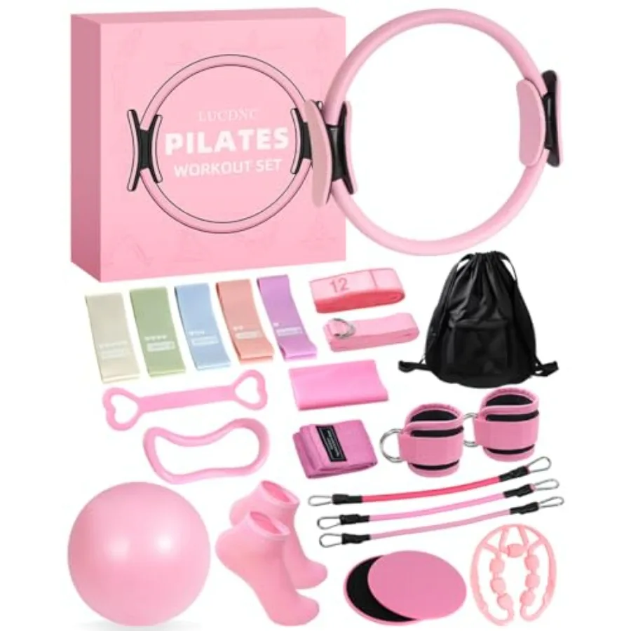 

Pilates Kit for Home, 24 pcs Workouts Sets for Women 14"Pilates Circles 8" Yoga Ball, Resistance Band for Ankle, Back, Legs, Gl