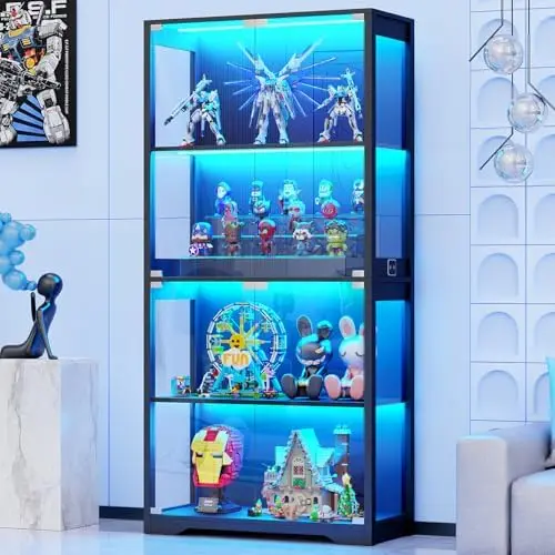 Display Cabinet with Glass Doors, 4-Tier Curio Cabinet with 3 Color Lights for Collectibles, Glass Display Case with