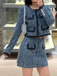 Autumn 2024 Women's Blue Knitted Set Contrast Color Trim O-Neck Single Breasted Long Sleeve Cardigan or High Waist Mini Skirt