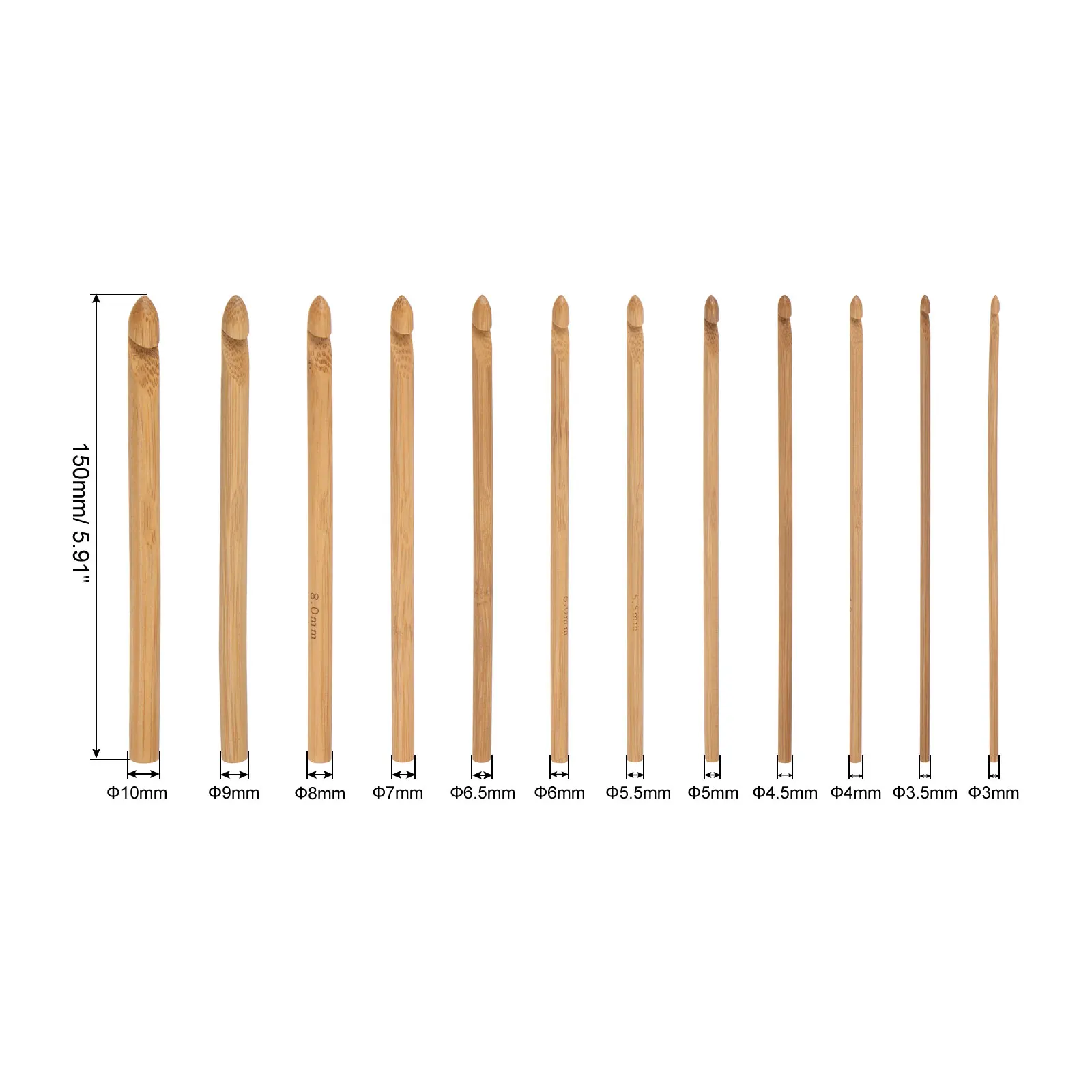 Uxcell 12 Stück/Set 3 mm-10 mm Bambus-Häkelnadel-Set aus Holz, Strick-Häkelnadeln für DIY-Handwerksgarn