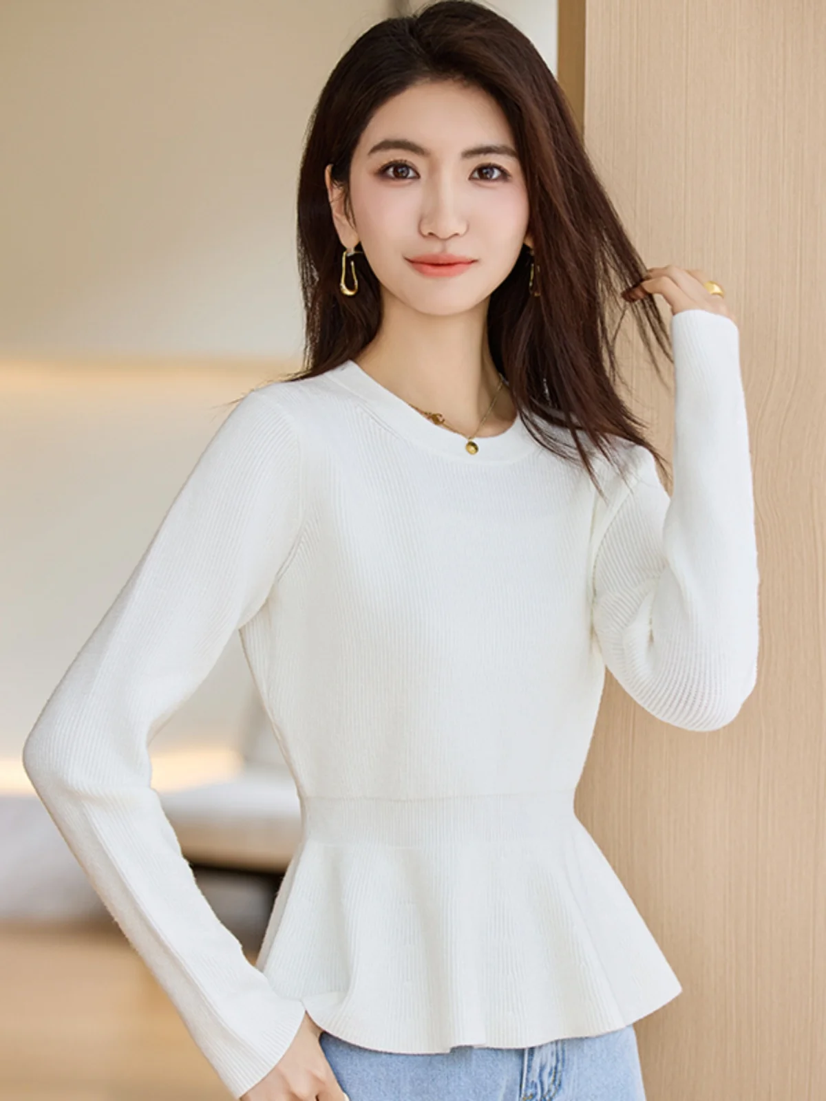 레드 니트 슬림 핏 베이스 레이어 탑 하이 웨이스트 출퇴근 패션 여성 스웨터 이너웨어 가을 겨울 의류