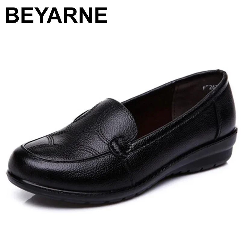 BEYARNEWomen Primavera scarpe con la suola morbida madre nero singolo scarpe in pelle antiscivolo casuale comodo medio-signore di età compresa tra