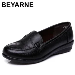 BEYARNEWomen shoes Spring soft soled mother black single shoes leather non-slip casual comfortable middle-aged ladies flat shoes