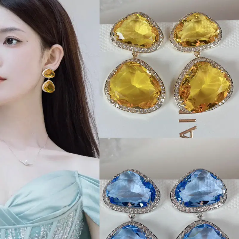 Bilincolor Fashion Simple Yellow Cubic ZIrconia Earring for Women Wedding Jewelry Gift