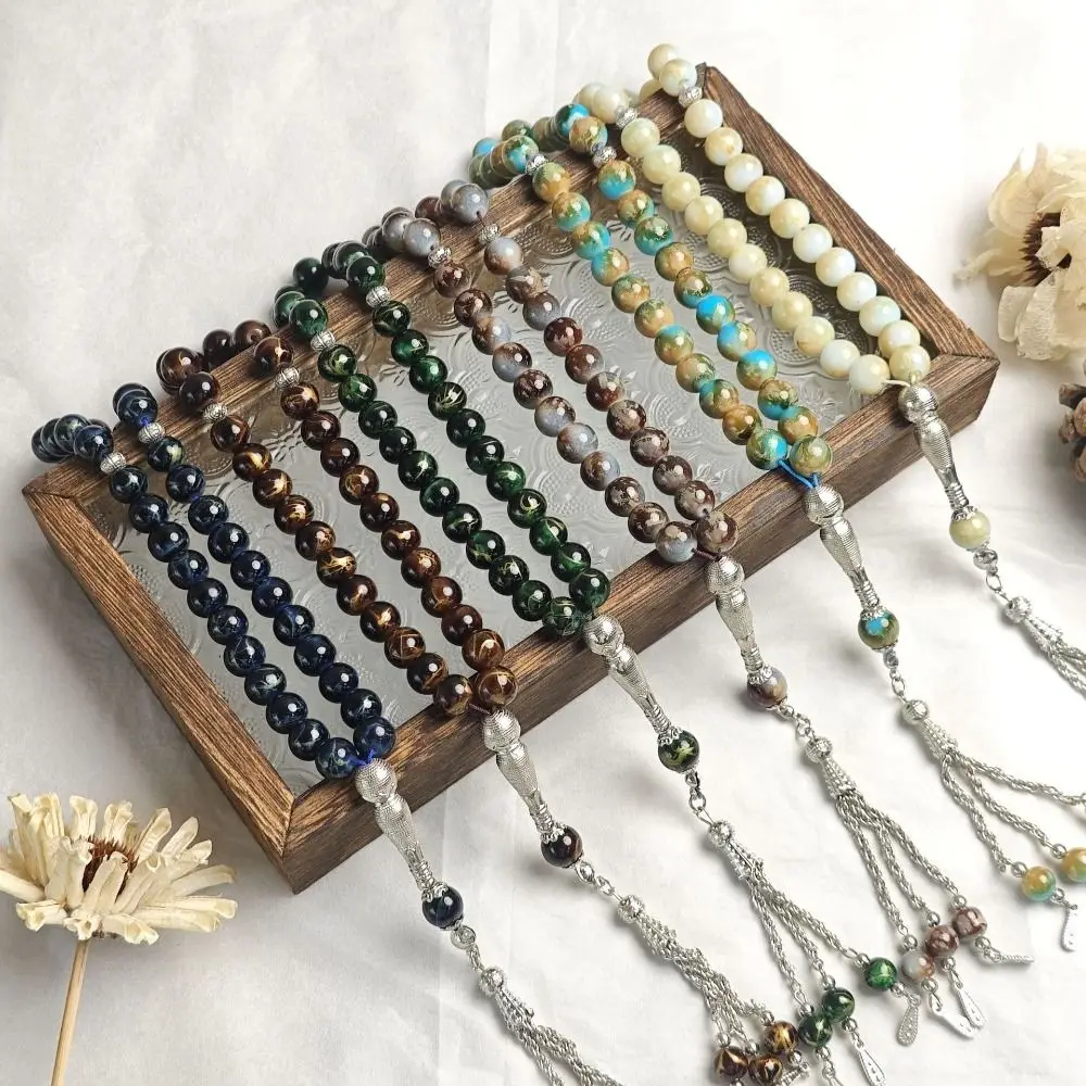 33 Beads Tiger Eye Stone Bracelet Transparent Acrylic Round Small Beads Prayer Beads Handmade With Tassels Islamic Tasbih