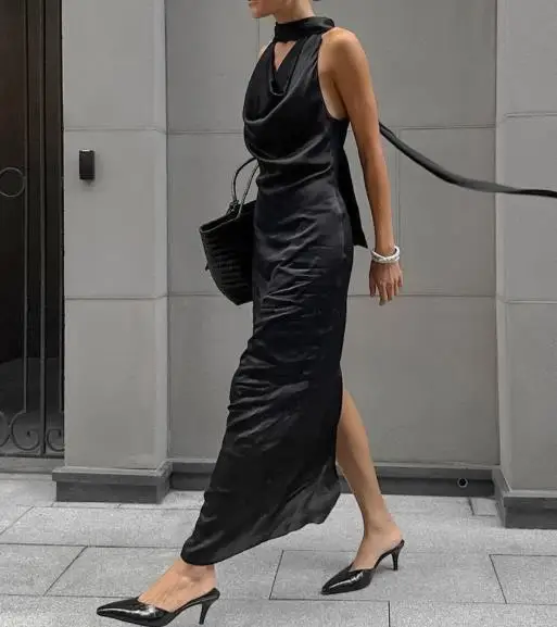 

2025 Spring/summer Design Sense Black Thin Soft Matte Light Ding Dang Neck Off Shoulder Texture Dress Lace Long Dress for Women