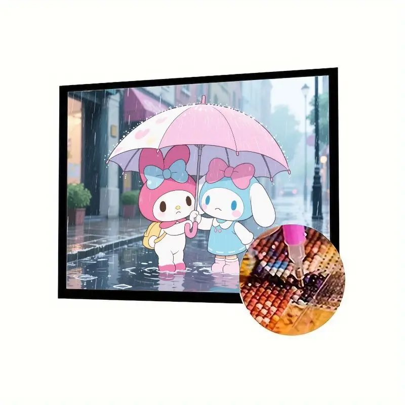 

1 Set 5D Diamond Painting Kit - Cute Sanrio My Melody & Cinnamoroll Sharing Pink Umbrella on Rainy Street, Full Drill DIY Rhines