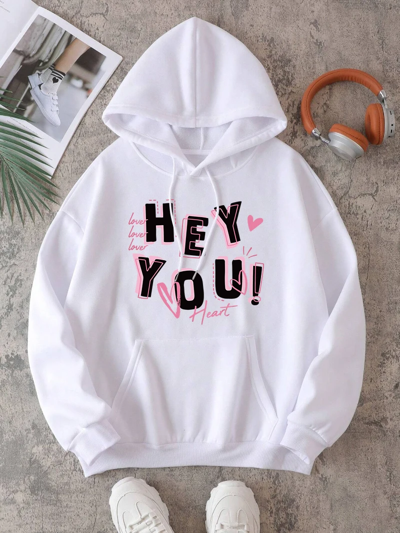 

Hey Love You Hoodie Womens Heart Letter Prints Streetwear Fleece Warm Pocket Loose Sweatshirt Winter Comfortable Woman Clothes