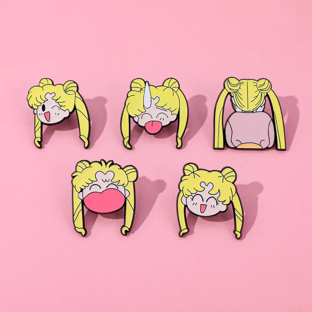 Kawaii Blonde Double Bun Girl Enamel Pins Funny Meme Expression Brooch Cartoon Lapel Badges for Backpack Decor