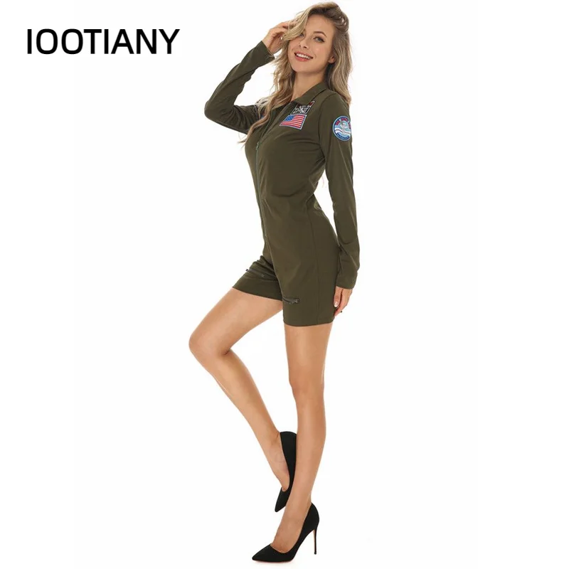 Top Gun Cosplay Amerikaanse Luchtmacht Aviator Uniform Halloween Kostuums Voor Vrouwen Volwassen Legergroen Militaire Piloot Jumpsuit