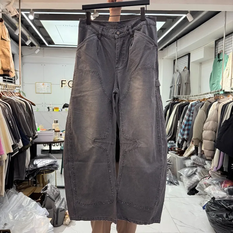 Gewassen noodlijdende gebogen wijde pijpen broek heren dames high street grijze abrikoos losse casual jeans herfst winter denim broek