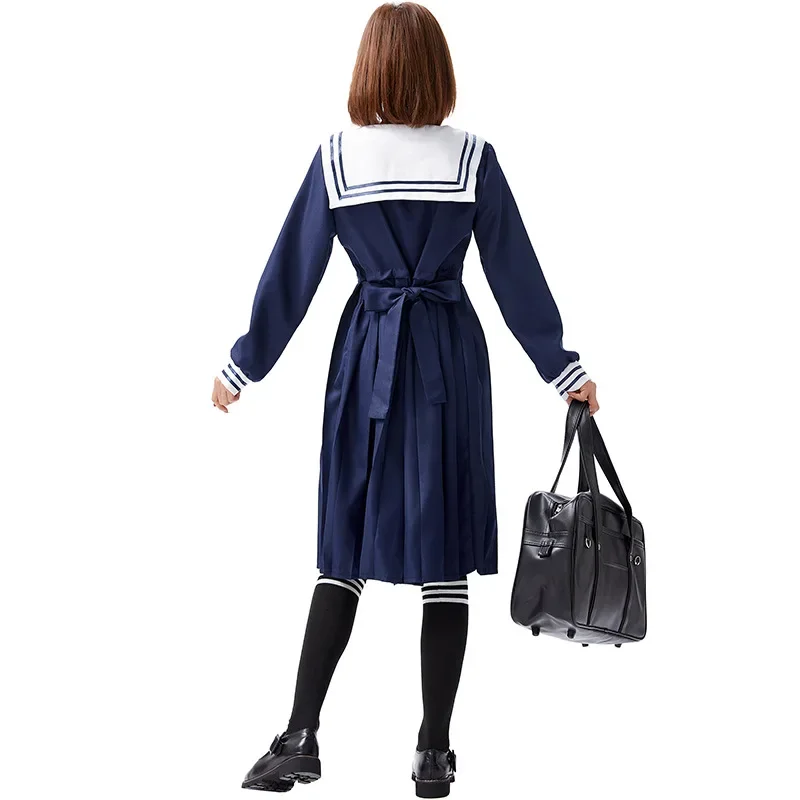 Girls Campus Cute Kawaii Preppy Style Dress Retro Navy Sailor Long Dress for Women Harajuku Lolita Sweet Bow-Knot Long Dress Set