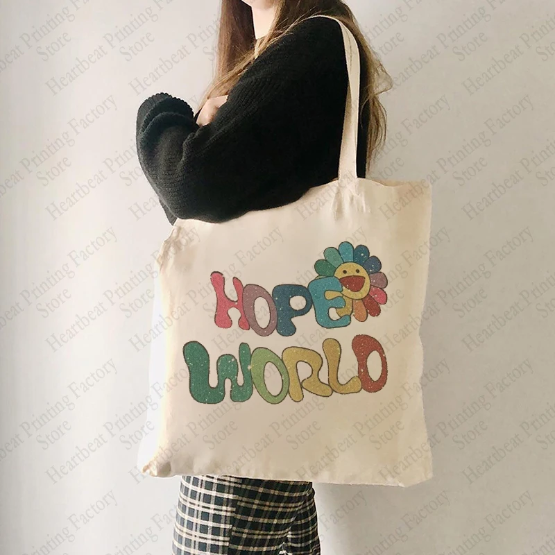 Casual Hope World Pattern Canvas Bag Fashion Trend Tote Shoulder Bags Large Capacity Portable Lightweight Handbags