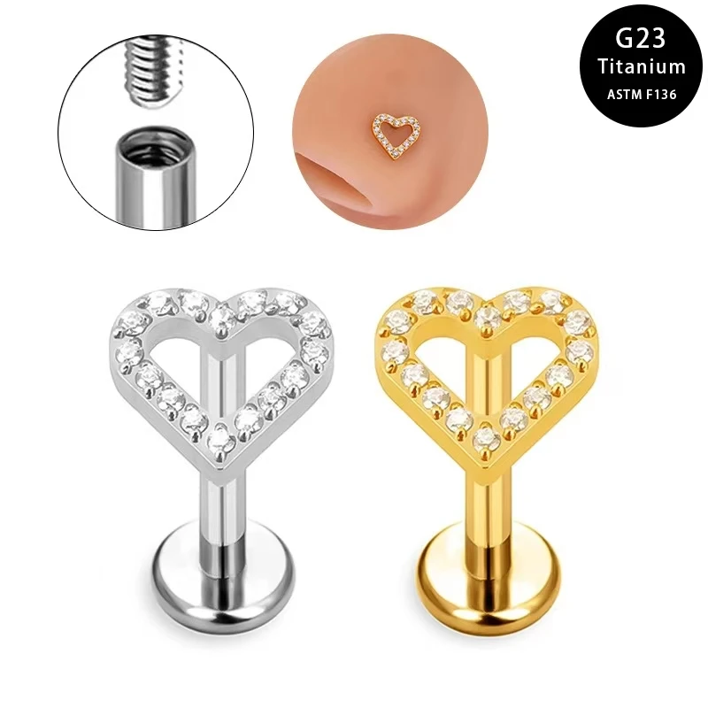 

1Pcs ASTM F136 Titanium Piercing 16G CZ Heart Labret Earring Internally Threaded Cartilage Tragus Lip Body Jewelry